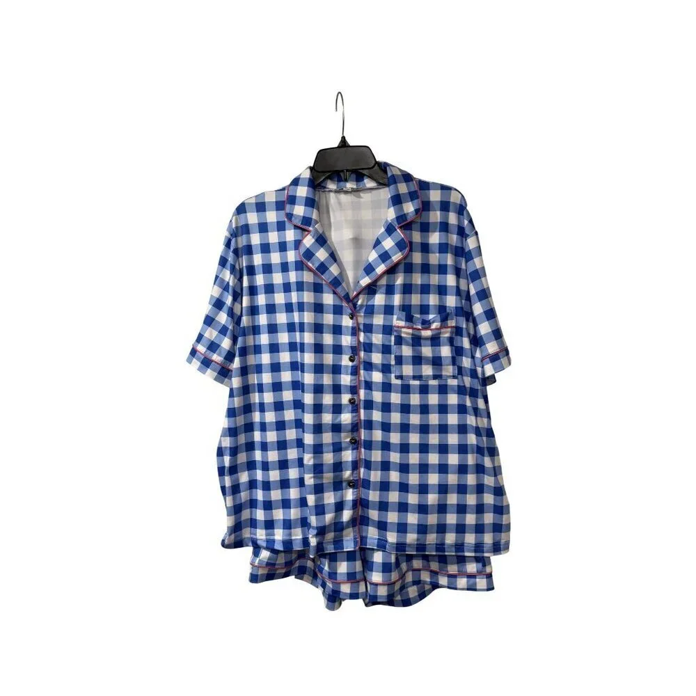 Blue & White Checkered Pajama Set With pink Piping By Blakeley L/XL Button-Up To